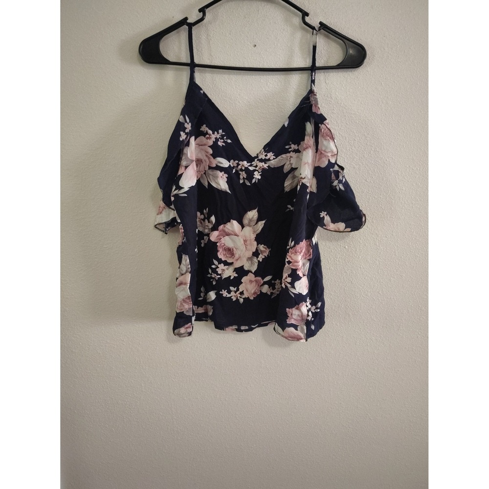 Shein Navy Blue‎ Floral Cold Shoulder V-Neck Blouse Pink Rose Print Medium